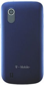 Rear view of dark blue ZTE Concord showing single top-left camera and flash, centered T-Mobile logo, and bottom speaker grille.