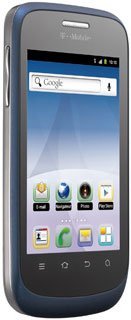 Front view of gray ZTE Concord smartphone with touchscreen, T-Mobile branding, app icons, and three touch buttons below the display.