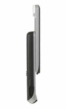 ZTE Essenze side view, closed position, showing dark gray and silver candybar phone design