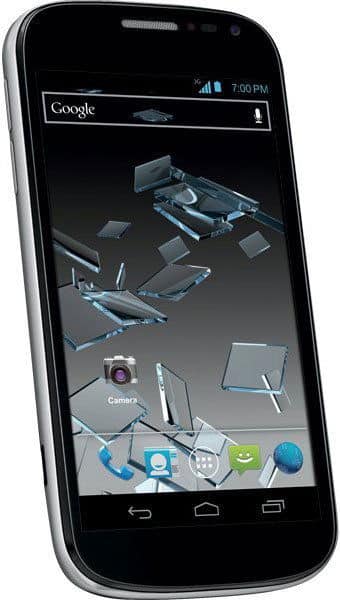 ZTE Flash front view displaying home screen with 3D rendered app icons and Google search bar at top