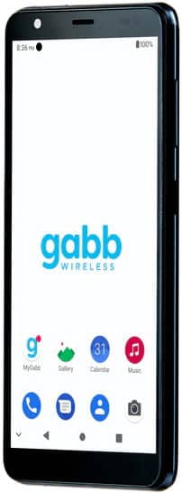 ZTE GABB Z2 front view, screen displaying GABB Wireless logo and app icons including phone, messaging, gallery, and camera functions