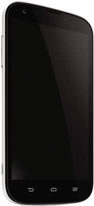 ZTE Grand X in black, front angled view showing touchscreen, bottom three touch buttons, rounded edges, and slim profile.
