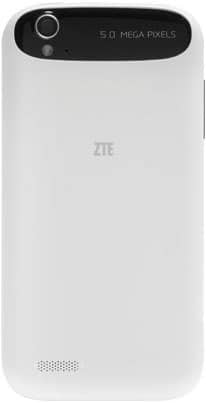 Rear view of white ZTE Grand X; single 5.0 MP camera at top, speaker grille at lower left.