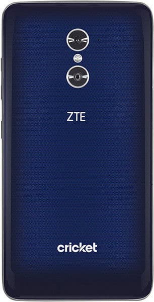 ZTE Grand X Max 2 rear view, dark blue textured back with dual camera setup and Cricket branding