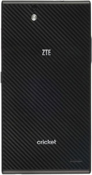 ZTE Grand X Max+ rear view, black carbon fiber textured back with ZTE and Cricket logos