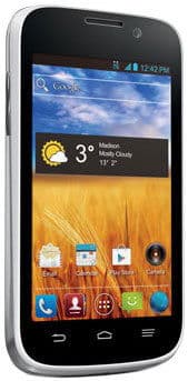 ZTE Imperial smartphone, front view, with home screen displaying weather and apps