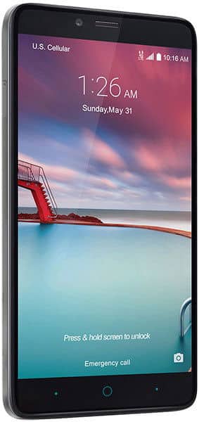 ZTE Imperial Max front view with lock screen displaying time 1:26 AM and scenic bridge landscape wallpaper