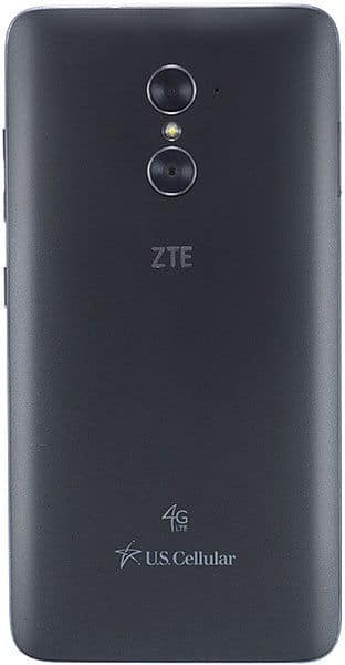 ZTE Imperial Max rear view, showing dual cameras, ZTE branding, and US Cellular 4G LTE markings on dark gray back