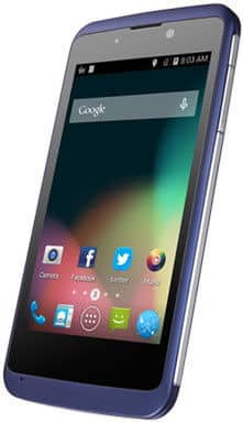 Front view of ZTE Kis 3 smartphone with dark blue frame, home screen on, showing Camera, Facebook, Twitter, Music apps and search bar.
