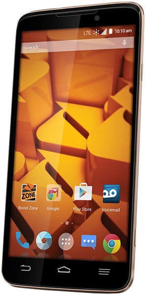 ZTE Max+ smartphone displaying home screen with orange geometric wallpaper and app icons, front view