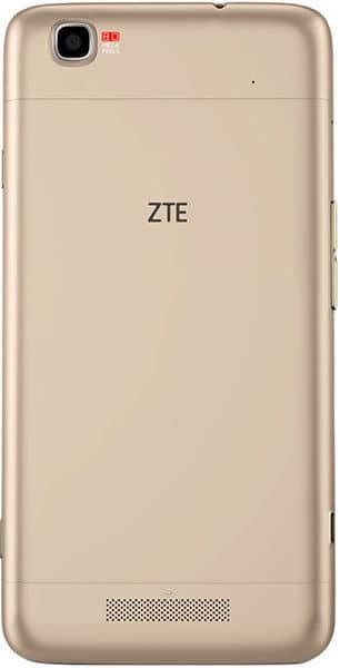 ZTE Max+ smartphone rear view, gold finish, showing camera and speaker grille