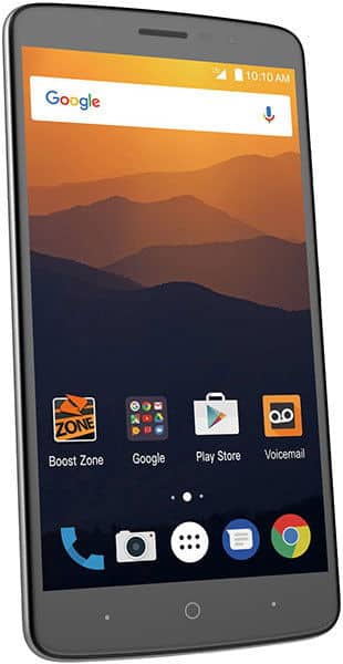 ZTE Max XL smartphone displayed front-facing, showing home screen with Google search bar, mountain landscape wallpaper, and app icons
