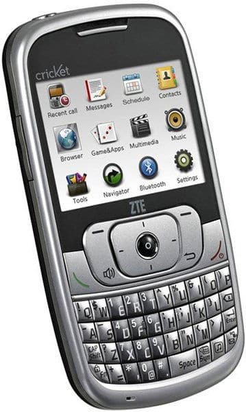 ZTE Memo front view, silver phone with QWERTY keyboard and screen displaying app icons