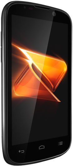ZTE Warp Sequent smartphone shown from the front, displaying an orange and yellow geometric graphic on its screen