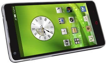 ZTE Nubia 5 smartphone displaying home screen with bright green wallpaper, clock widget, and app icons, front-facing view