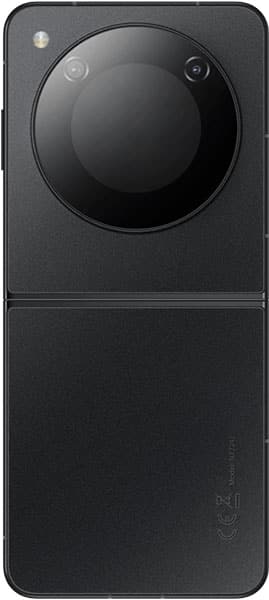Rear view of black ZTE nubia Flip showing foldable hinge and large circular dual-lens camera with flash at the top.