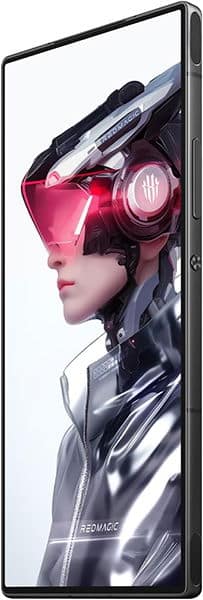 ZTE nubia Red Magic 10 Air front view, displaying tall screen with futuristic character wearing pink visor and headset
