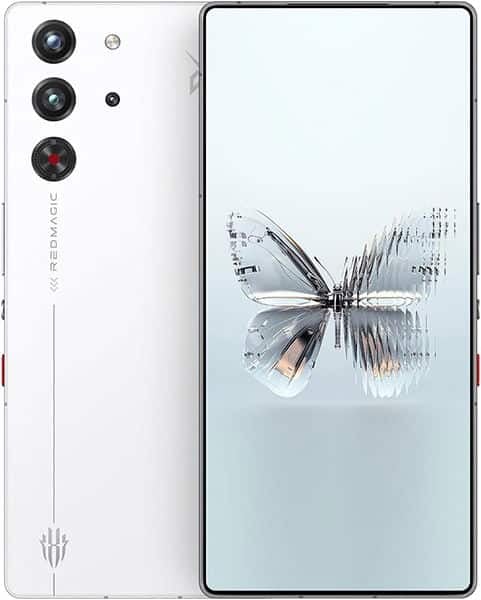 ZTE nubia Red Magic 10 Pro rear and front view, white phone with triple camera setup and display showing abstract butterfly artwork