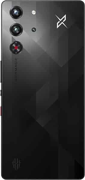 ZTE nubia Red Magic 10 Pro rear view, black glass back with dual cameras, red accent ring, and X logo