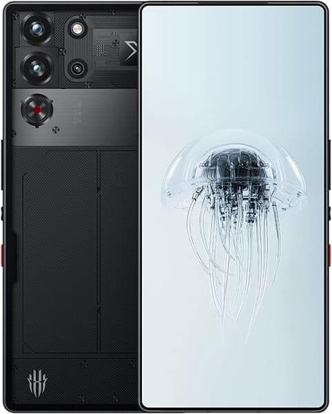 ZTE nubia Red Magic 10 Pro rear view, black phone with triple camera array and circular cooling fan, display showing jellyfish illustration