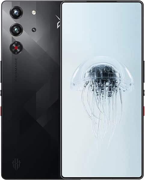 ZTE nubia Red Magic 10 Pro rear and front view, showing triple camera setup on black back and jellyfish illustration on display screen
