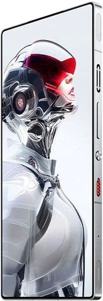 ZTE nubia Red Magic 10S Pro, front view, displaying abstract artwork of a figure with red accents on its large curved screen