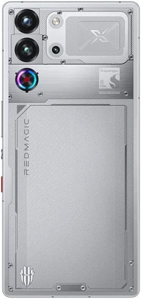 ZTE nubia Red Magic 10S Pro rear view showing dual cameras, colorful cooling fan, and metallic silver textured back panel