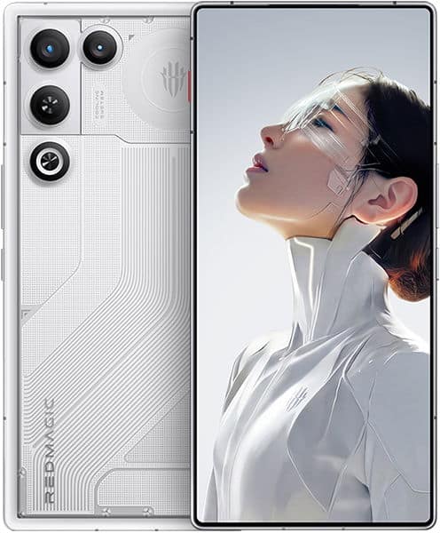 ZTE nubia Red Magic 11 Air rear and front views, showing white textured back with quad camera array and display with woman wearing glasses