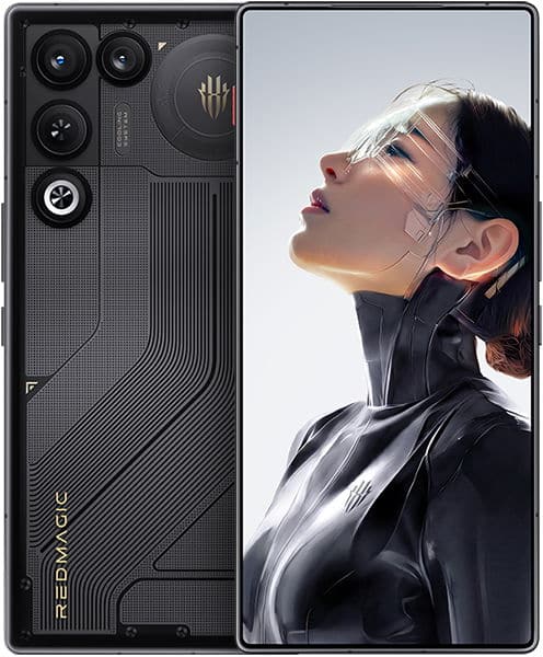 ZTE nubia Red Magic 11 Air, rear view showing quad camera array and display with illustrated woman wearing glasses and black jacket