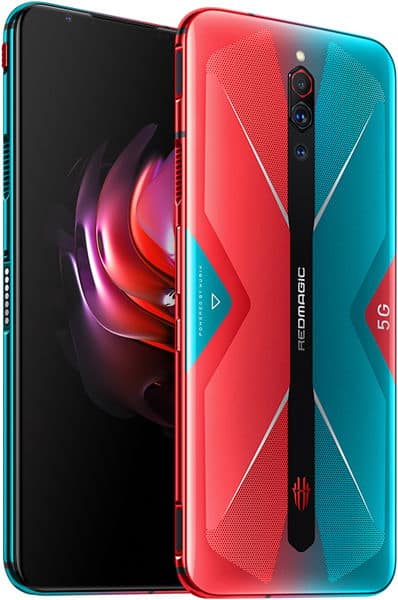 ZTE nubia Red Magic 5G front and rear views, displaying vibrant red-to-blue gradient design with dual camera setup and 5G branding
