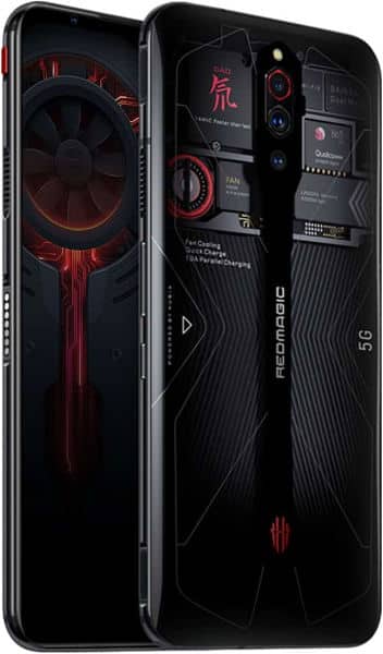 ZTE nubia Red Magic 5G front and rear views, displaying illuminated red design elements and gaming-focused interface on black background