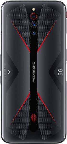 ZTE nubia Red Magic 5G rear view, black with red X design and triple camera setup