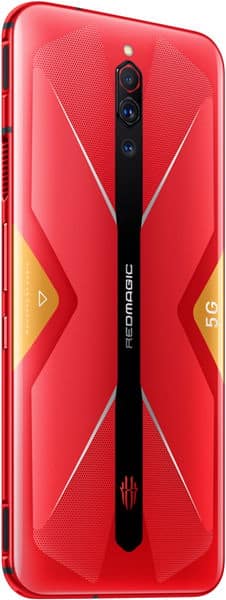 ZTE nubia Red Magic 5G, rear view. Bright red back with black central stripe and geometric yellow accents, triple camera setup visible at top