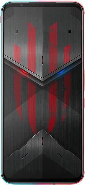 ZTE nubia Red Magic 5S front view with dark screen displaying red geometric pattern design and cyan and pink side accents