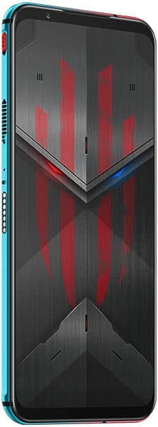 ZTE nubia Red Magic 5S front view with cyan and red accents, displaying red angular design on black screen