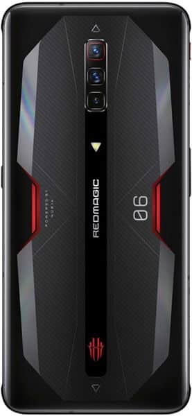 ZTE nubia Red Magic 6 Pro rear view, black with red accents, dual camera setup, and gaming-focused design