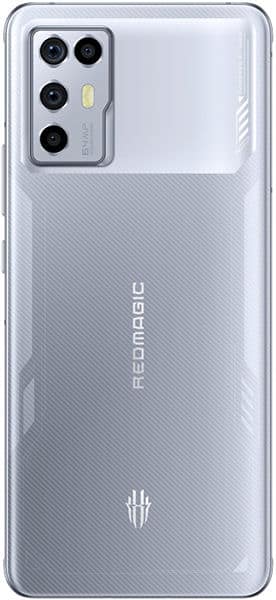 ZTE nubia Red Magic 6R rear view, silver with quad camera setup and Red Magic logo visible on back