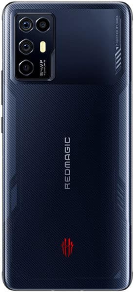 ZTE nubia Red Magic 6R rear view showing dark blue textured back with quad camera array and red logo