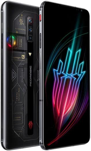 Rear view: transparent back with visible internals, triple cameras, RGB light; front view shows abstract logo on black screen.