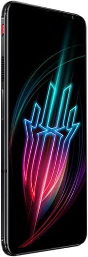 Angled front view of black ZTE nubia Red Magic 6S Pro showing thin bezels, neon trident graphic, and side red button.
