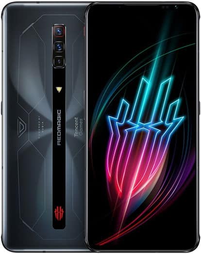 ZTE nubia Red Magic 6S Pro rear view with triple cameras and RGB logo, next to front view showing vibrant neon display.