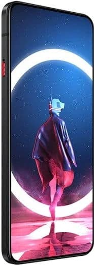 ZTE nubia Red Magic 7 Pro front view, displaying a person standing beneath glowing circular arcs on a blue and pink cosmic landscape