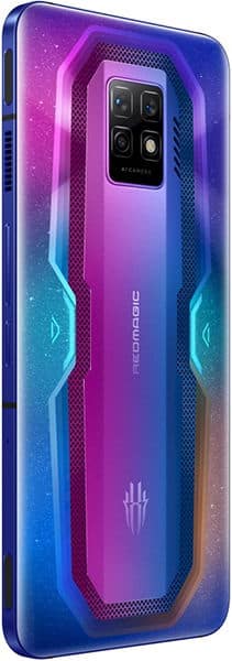 ZTE nubia Red Magic 7 Pro rear view, purple gradient glass back with dual camera module and Red Magic logo