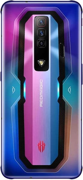 ZTE nubia Red Magic 7 rear view, showing gradient pink-to-blue finish, triple camera setup, and cooling vents