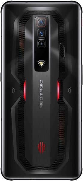 ZTE nubia Red Magic 7 rear view, showing triple camera setup, black frame with red accent lines, and centered logo