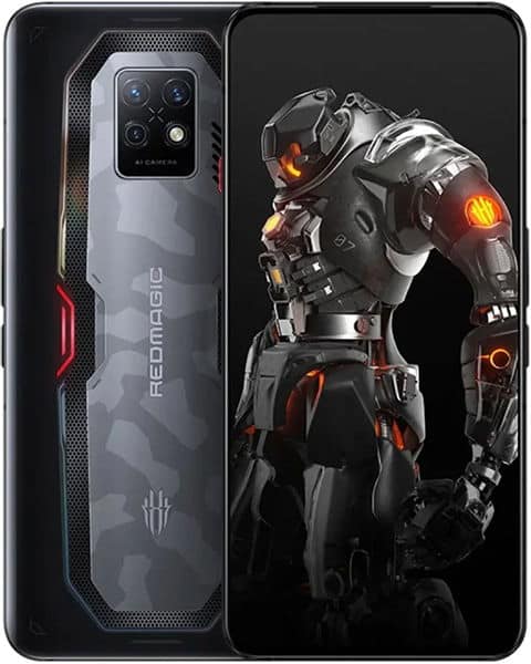 ZTE nubia Red Magic 7S Pro rear view, showing translucent back panel with cooling system, quad camera setup, and display featuring armored character artwork