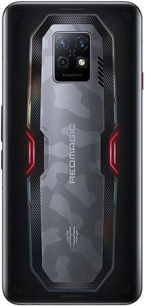 ZTE nubia Red Magic 7S Pro rear view, showing quad camera setup and red accent details on black chassis with camo pattern back