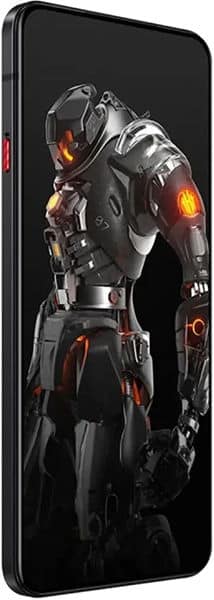 ZTE nubia Red Magic 7S Pro, front view, displaying armored figure with glowing orange accents on black screen