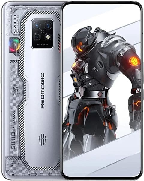 ZTE nubia Red Magic 7S Pro rear view, silver with black accents, dual camera setup, displayed alongside screen showing futuristic armored character