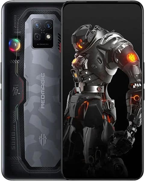 ZTE nubia Red Magic 7S Pro, rear and front views showing black phone with RGB lighting and quad camera setup alongside display of armored character